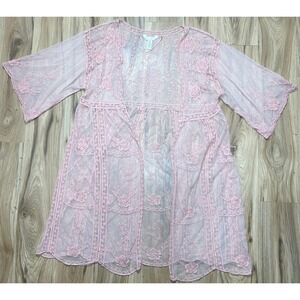 LC Lauren Conrad Lace Kimono Cover Up Women OS Pink Sheer‎ Mesh BOHO Balletcore